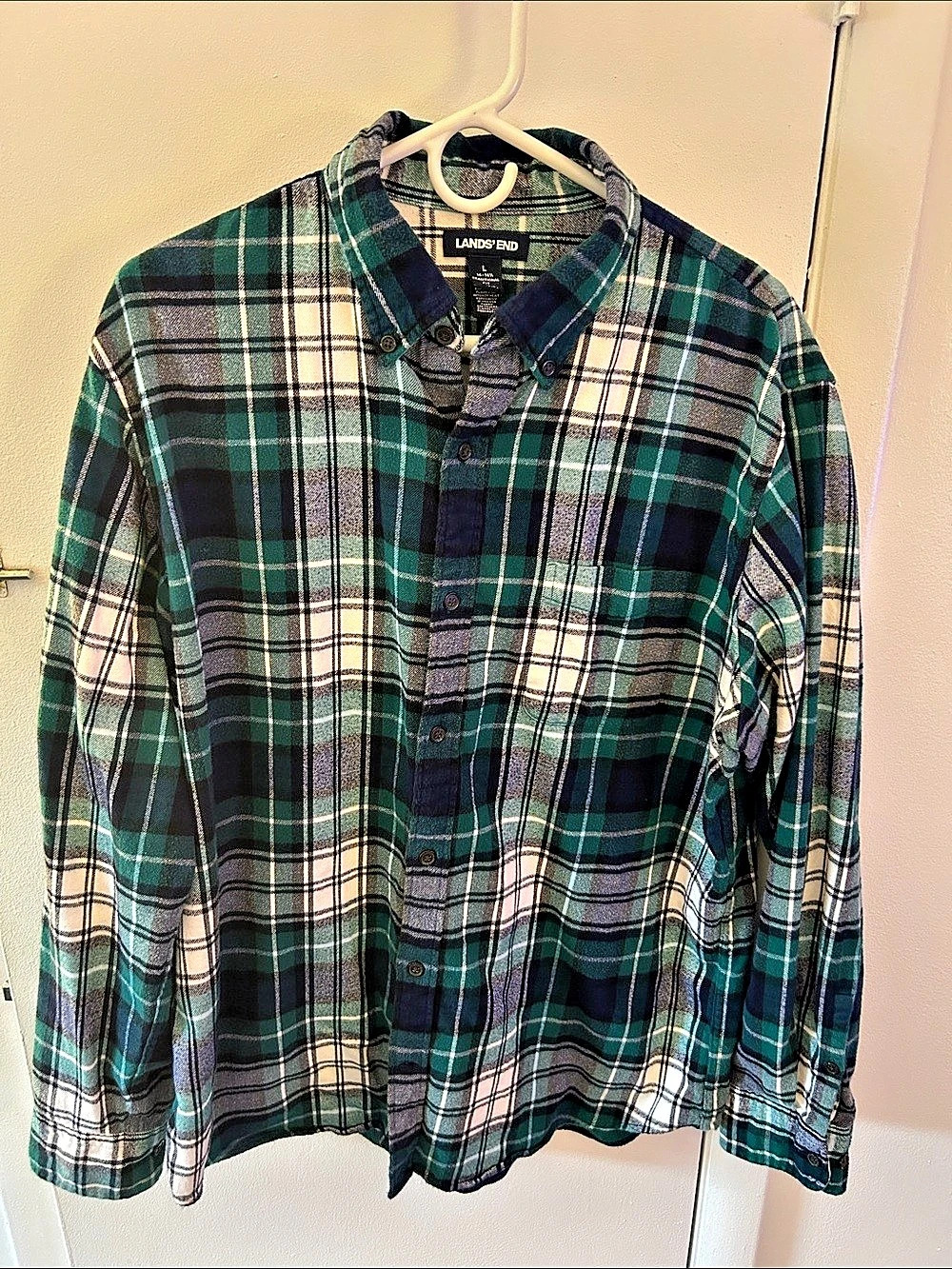 Lands' End Plaid Button Down Shirt Green & White Size Large